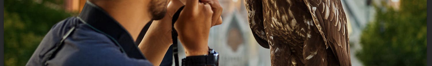 Bare skriv inn en enkel ledetekst som «Mann fotograferer fugl i by», så lager Photoshop et bilde som dette for deg. Bare skriv inn en enkel ledetekst som «Mann fotograferer fugl i by», så lager Photoshop et bilde som dette for deg.